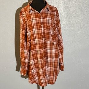 Daily Thread Burnt Orange Red Long Plaid Button Down Shirt Womens Size XL